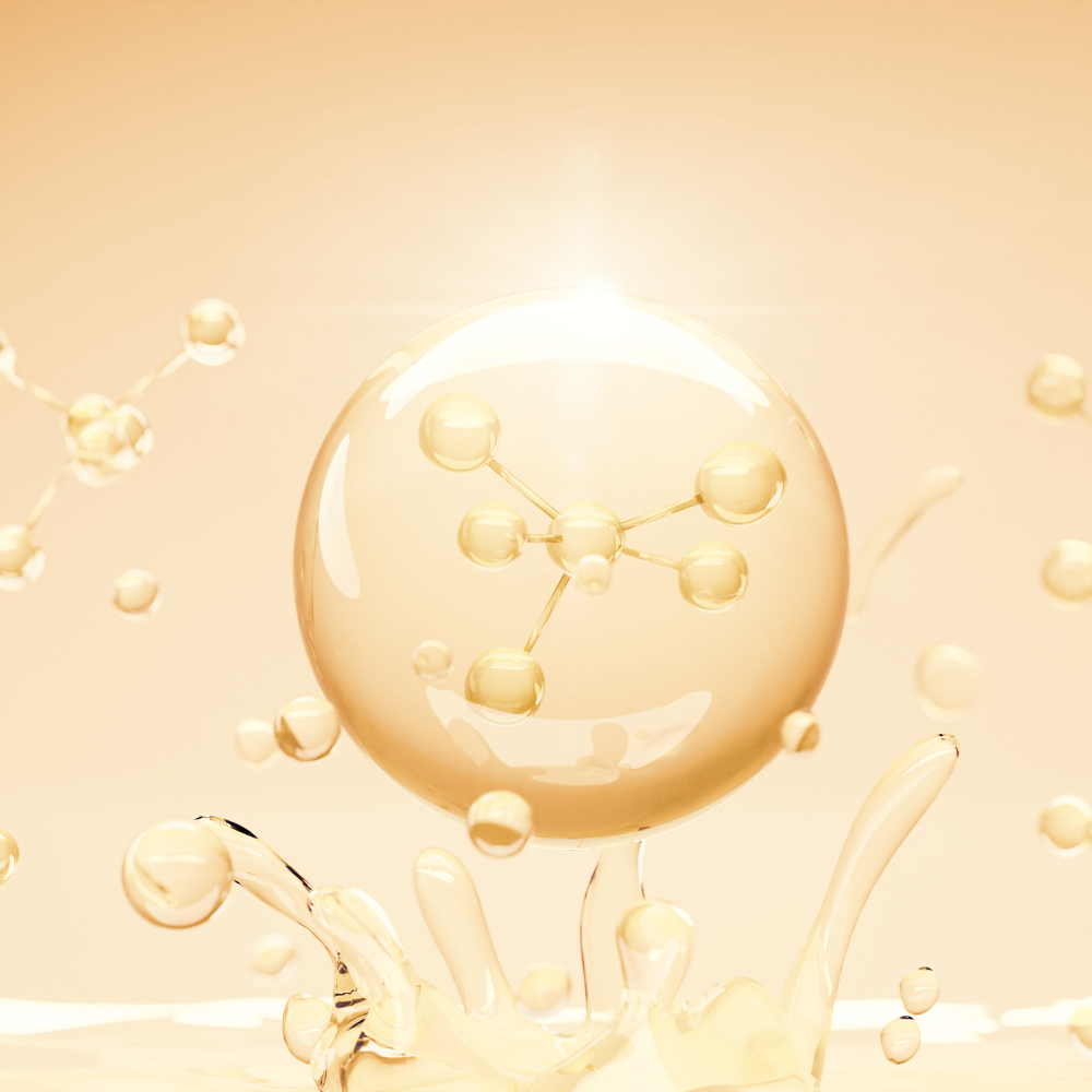 Eine goldgelbe Blase mit einem eingebetteten Molekül